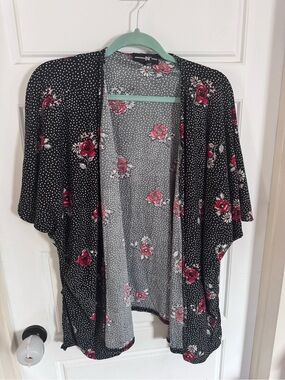 INC International Concepts Black Floral Kimono with Pink Roses